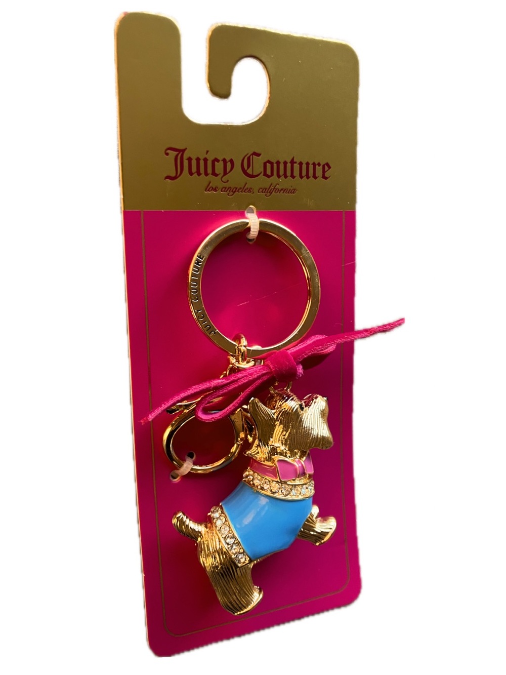 NWT Juicy Couture Crystal Scottie Dog Keychain Bag Charm Blue Pink Gold Tone